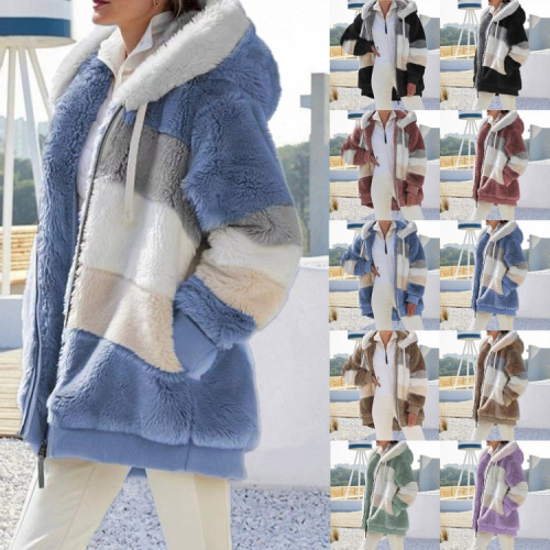 Popular European and American autumn and winter warm plush patchwork zipper pocket hooded loose jacket for women