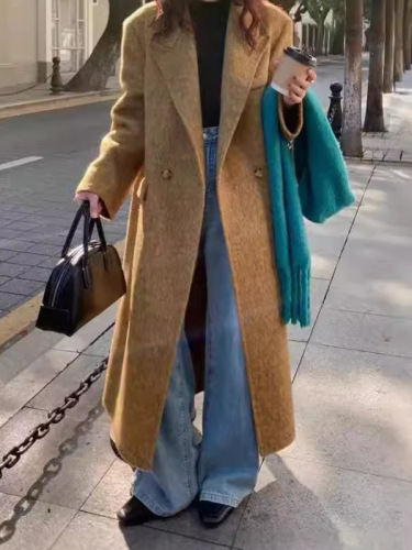 Korean version of right-angle shoulder pad high-end double-sided cashmere coat extended suit collar temperament wool large lapel jacket
