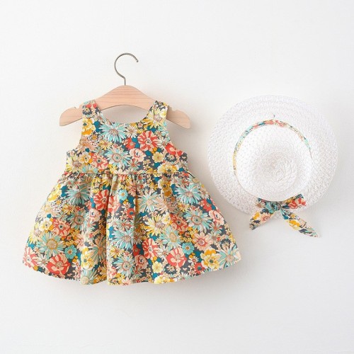 New Girl Baby Korean Style Dress for Kids Cute and Ethereal Butterfly Knot Hat Princess Style Floral Dress
