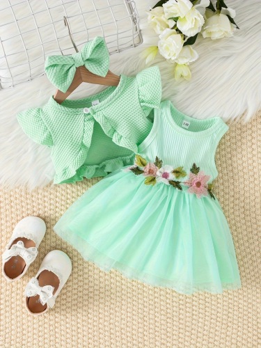 Cross-border Instagram Baby Girl Summer Waist Flowery Tank Top Mesh Dress Outerwear Hair Accessories Trendy