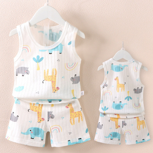  Korean style children's vest suit new style boys and girls baby cartoon thin sleeveless vest shorts suit trendy