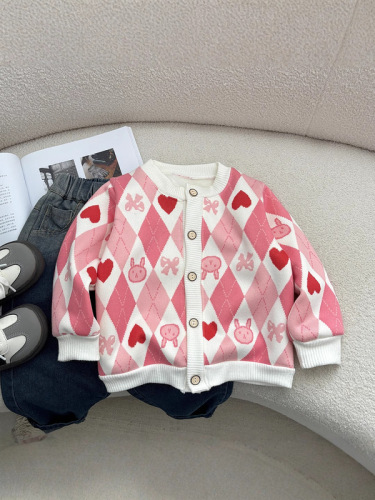 Children's cardigan jacket knitted baby autumn and winter velvet jacket for boys and girls round neckline thin style versatile