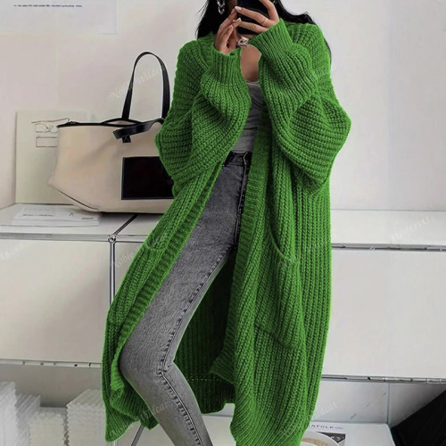 Korean style long over-knee sweater cardigan for women in autumn and winter new lazy style loose thickened knitted jacket for women