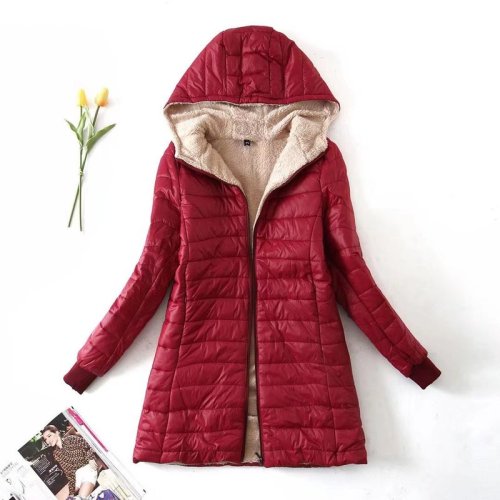 New autumn and winter European and American AliExpress lamb velvet mid-length warm hooded cotton coat for women tops with larger size cotton coat