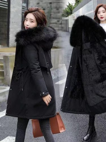 Parker 2025 winter European and American new women's cotton jacket mid-length large wool collar plus velvet cotton jacket cotton jacket thick jacket