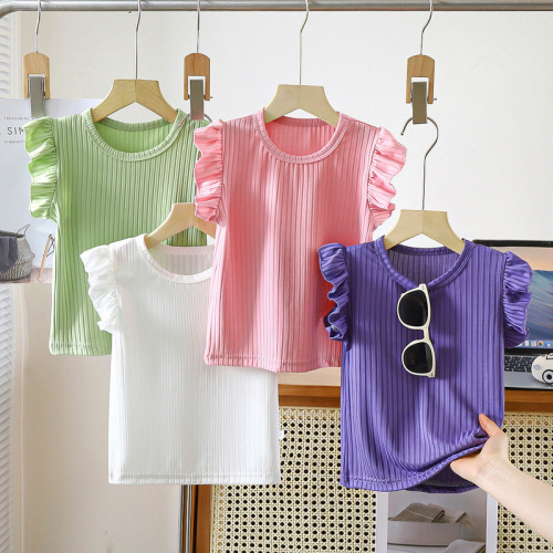 2025 Girls Summer Dress Summer Ice Silk Cute Baby Small Fly Sleeve Trendy Solid Color T-shirt for Little Girls Short Fashion Kids Top