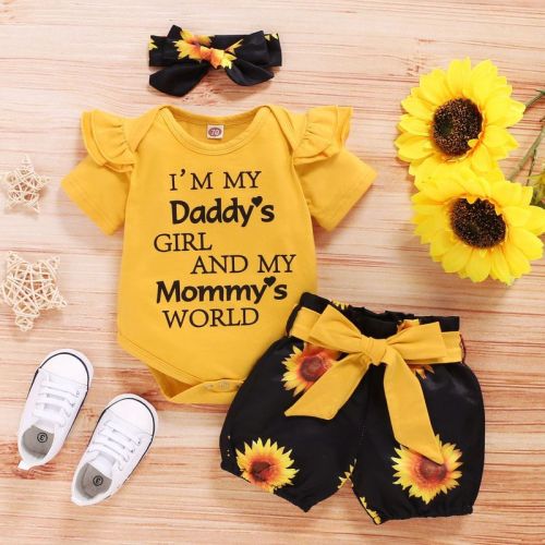 Women's Spring and Autumn Style 2020 New Korean Version Bestselling Letter Print Short-Sleeve Top + Sunflower Short Shorts Three-Piece Set