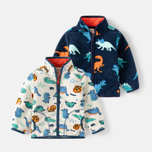 Children's printed fleece jacket for boys and girls warm fleece tops for autumn and winter clothes, cardigan stand collar children's clothing