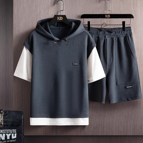 Men's Loose Plus Size Honeycomb Short Sleeve Suit Set, Summer Trend Brand Pseudo Two-Piece Hooded T-Shirt, Complete Set for Men