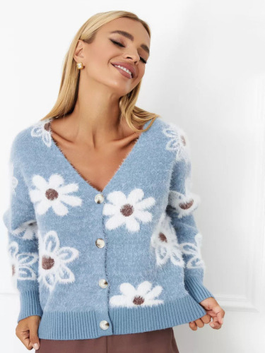 Amazon cross-border European and American short flower knitted cardigan in autumn new V-neck mink jacquard sweater women's jacket