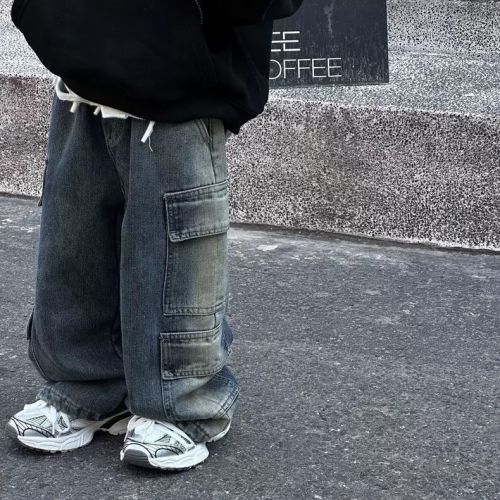 Children's denim jeans spring version unisex children's spring wear baby retro boy wide-leg pants straight-leg pants long pants work style