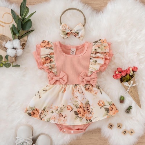Ins-style summer hole strip onesie for 1-year-old babies, floral diaper cover, cross-border baby crawling suit