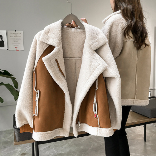 Winter 2025 new chic loose fur integrated suede jacket for women short lamb ferment motorcycle jacket