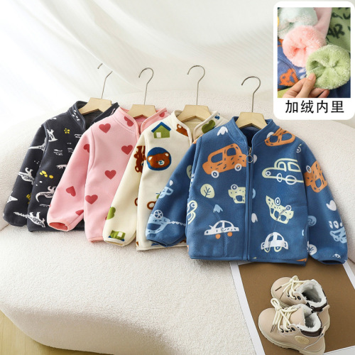 Autumn and winter new polar fleece children's jackets plus velvet thickened printed medium and large children's cardigans fleece tops children's clothing wholesale