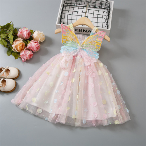Baby Girl Summer Dress New Children's Net Butterfly Knot Strap Dress Girl Cotton Candy Net Gown Princess Dress
