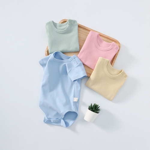 Light plate pure white baby shoulder button short-sleeved triangle hoodie double-sided cotton bottoming bag ass jumpsuit jumpsuit