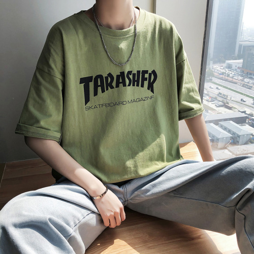 Men's trendy T-shirt, Korean style, Hong Kong fashion, popular influencer clothes, men's 5.5-inch half-sleeve, Instagram short sleeve, men's loose clothing