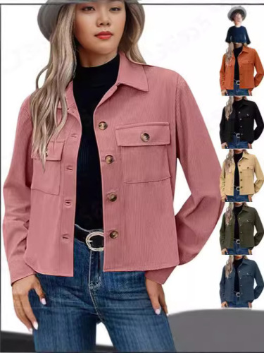 Amazon's hot-selling European and American style fashion casual short shirt corduroy button navel jacket top