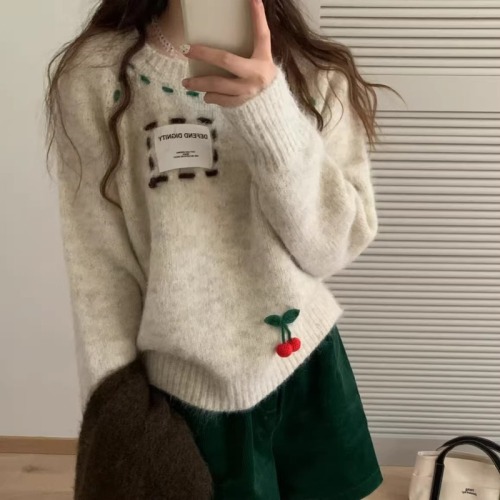 Korean style patch letter top embroidered sweater for women, autumn and winter lazy style, loose and versatile outer wear cherry sweater