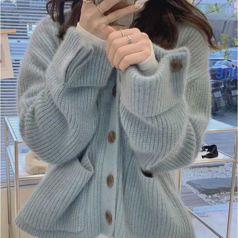 Korean style V-neck soft waxy sweater for women in autumn and winter new style single-breasted loose and versatile lazy style knitted cardigan jacket trendy
