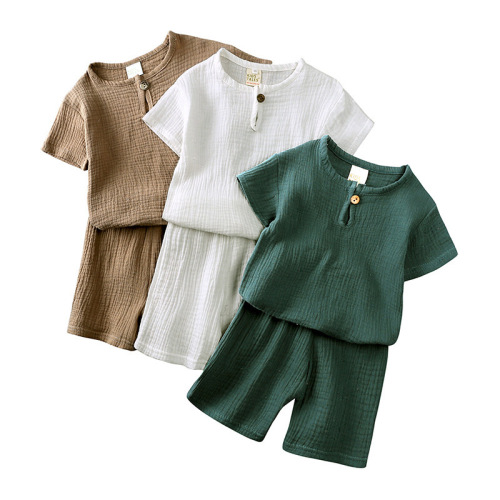 Children's clothing boys and girls short-sleeved summer suit children's cotton and linen button short-sleeved T-shirt shorts thin two-piece set