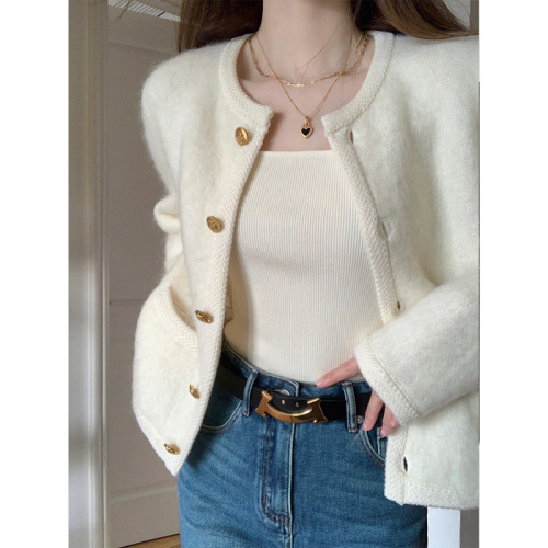 Xiaoxiangfeng short front shoulder imitation mink knitted cardigan sweater women's spring and autumn lazy style casual jacket top