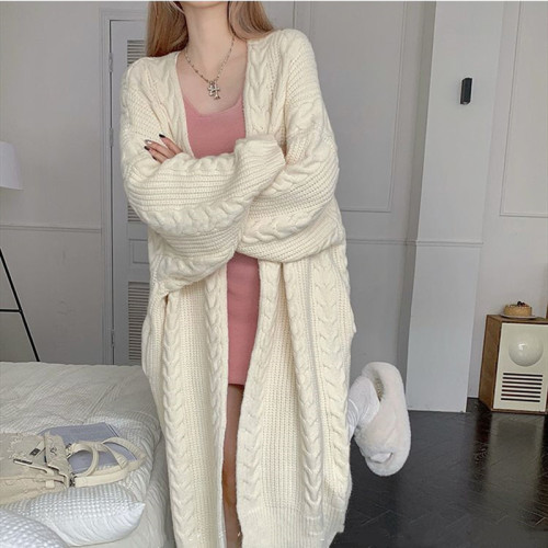 Retro lazy style versatile knitted hemp pattern autumn and winter loose, thick and warm long cardigan sweater jacket for women