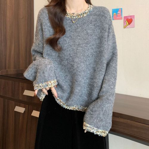 Lazy style long-sleeved loose slimming top for women, fashionable diamond round neck pullover, solid color simple knitted sweater, small fragrance style