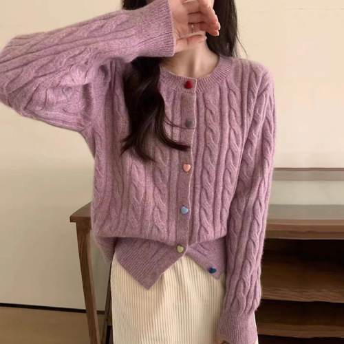 Retro soft waxy love color button twist knitted cardigan sweater for women autumn and winter design niche fashion commuting trend