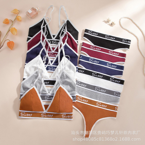Sexy European and American triangle cup underwear thong bikini plus-size fitness yoga sports bra set for women