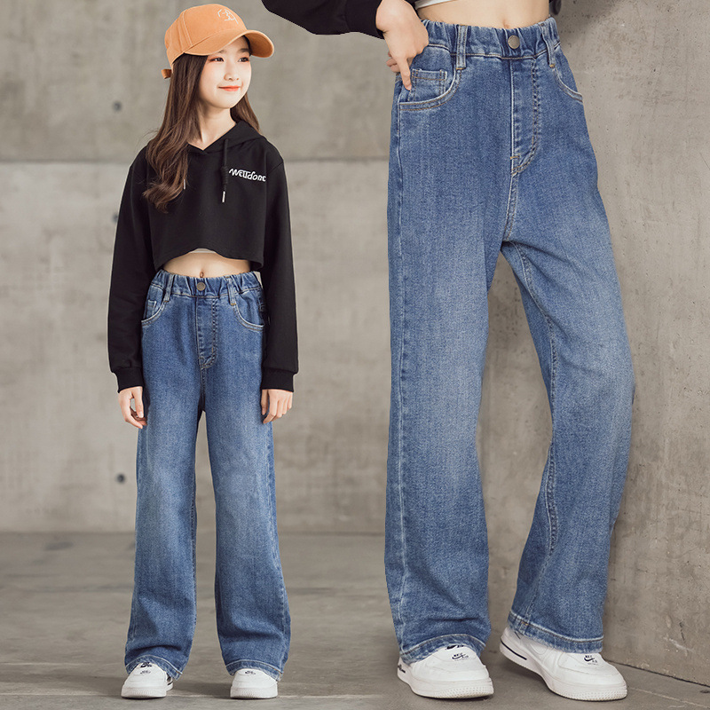 Girls Simple Denim Wide Leg Pants Spring and Autumn Trousers 2023 New Outerwear Pants Korean Style Loose Denim Wide Leg Pants