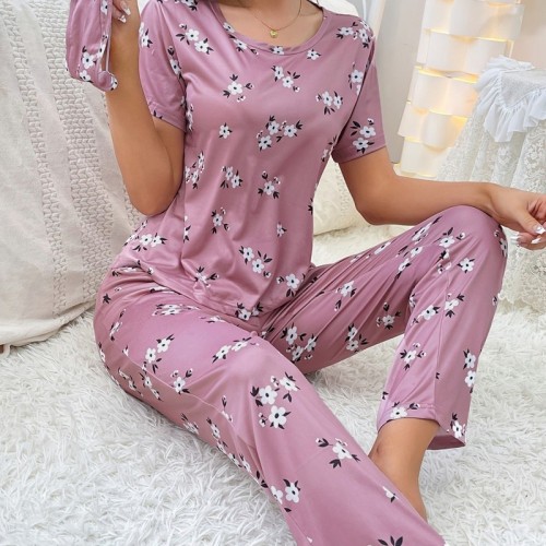 Fen Liang Women's Homecoming Set with Round Neck Short Sleeve Pants, Milk Silk Full Print Small Flowers with Eye Mask, Three-Piece Pajama Set, Fashionable