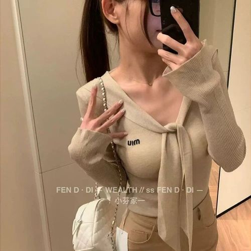 【6 Wool Washed】CHIC Trendy V-Neck Fitted Long Sleeve Knit Top Autumn Casual Slimming Sweater for Women