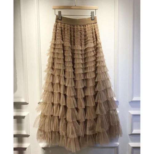 Fairy Style Mesh Ruffled Elegant Skirt Women's European Style Celebrity Long Dress Slimming Multi-layer Cake Skirt