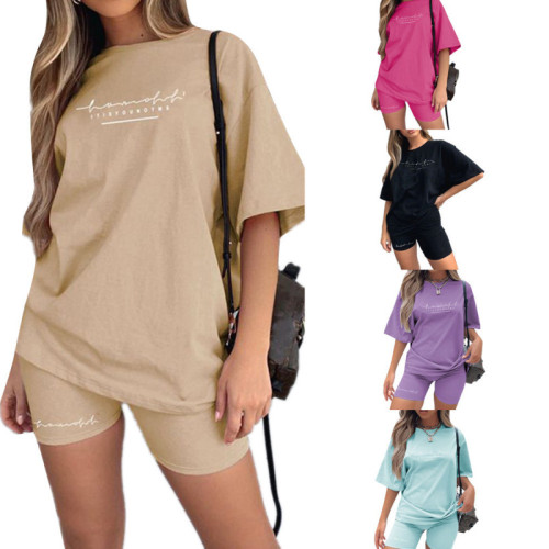 Women's Amazon Alphabet Print Loose Casual T-shirt and Sporty Shorts Set