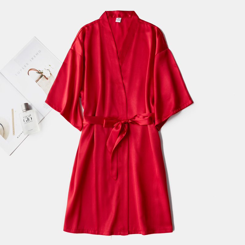 Women's Half Sleeve Silk Simulated Sleep Dress Wedding Makeup Dress Thin Cardigan Dress Bride Morning Dress BFF Dress Solid Color No Words 