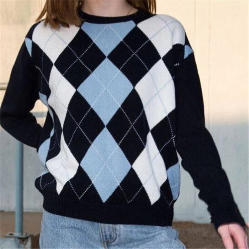 Diamond grid turtleneck sweater women's Instagram style casual blogger loose knit top versatile top