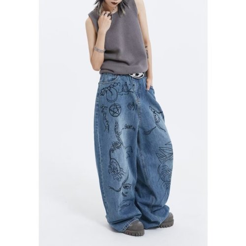 Vintage graffiti relaxed high-waisted jeans for men and women, Insta-style niche American street wide-leg pants, trendy