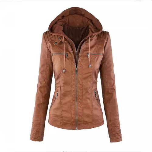 New Arrival European & American Style Women's Detachable Lapel Long-Sleeve Solid-Color Zip-Up Leather Jacket—Motorcycle-Inspired Outerwear