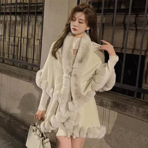 Live streaming supply autumn and winter mink fur collar cape shawl temperament plus-size knit sweater loose outerwear for women