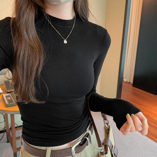 Basic Fit Slimming Long-Sleeve T-Shirt for Women - Autumn/Winter 2025 New Arrival, Versatile White Base Layer with Semi-High Collar Top for Women