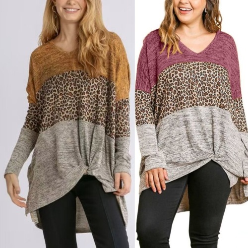 A large quantity of Western and European plus-size women's V-neck leopard print color-blocked patchwork long-sleeved T-shirt tops