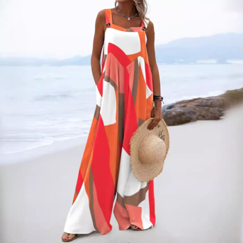 Amazon European and American Women's Summer Digital Print Pantsuit Fashion Ethnic Style Button