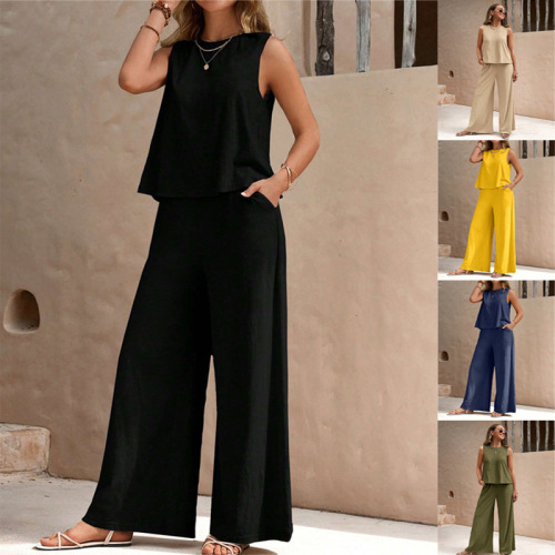 2025 Summer Two-piece Women's European and American Style Trendy All-match Loose Pullover Round Neck Casual Cotton Suit for Women