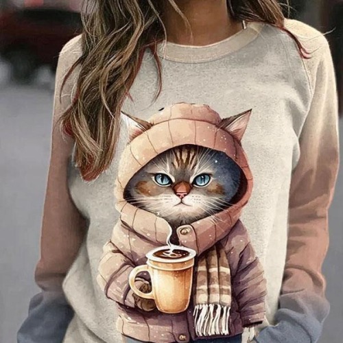 Cross-border Coffee Cat Creative Element Print 3D Digital Casual Loose Women's Shoulder-strap Sweatshirt