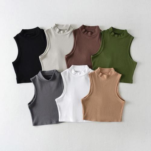 European and American style new summer retro small turtleneck vest for women, elastic slim-fit figure-flattering short crop top sleeveless sports top