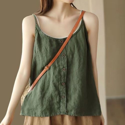 Cross-border cotton and linen strappy tank top summer new literary retro women's top button decoration thin loose inner wear base layer