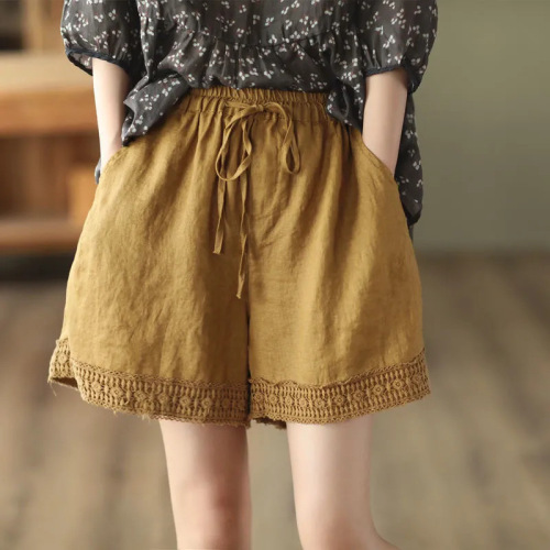 2025 Summer New Retro Lace Crochet Cotton Linen Pants for Women, Literary Flower Edge Shorts, Casual Skirts, Slimming Straight Leg Pants