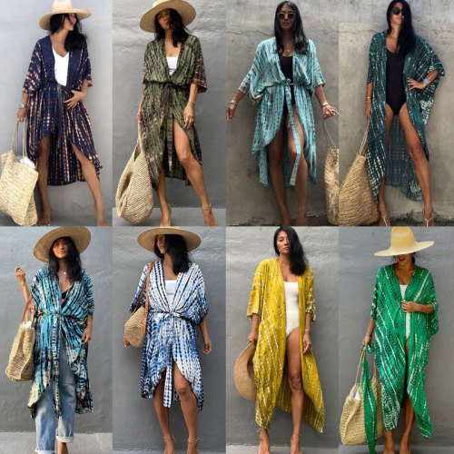 European and American cotton black and white tie-dye open-front beach dress bikini cover-up swimwear outerwear open-front sun protection vacation dress