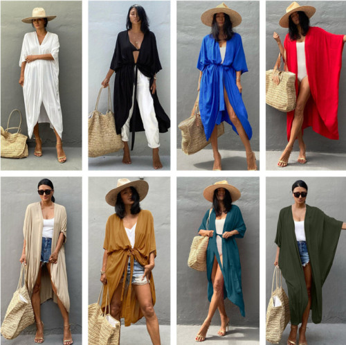 European and American cotton solid color with belt beach robe sexy open shirt loose with belt vacation bikini outer robe